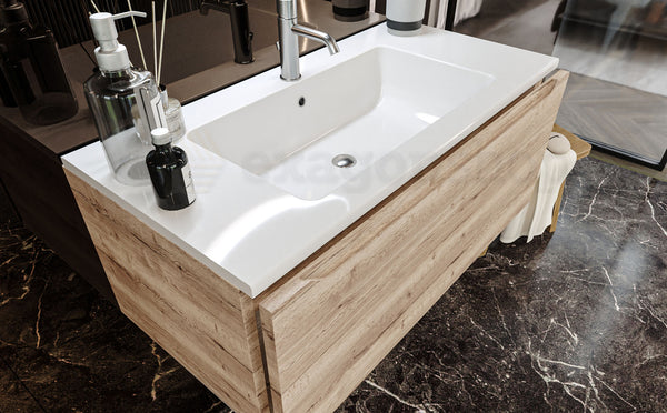 Mobile Bagno rovere 90x50 Amalfi Un Cassetto E Lavabo Integrato In Mineralmarmo
