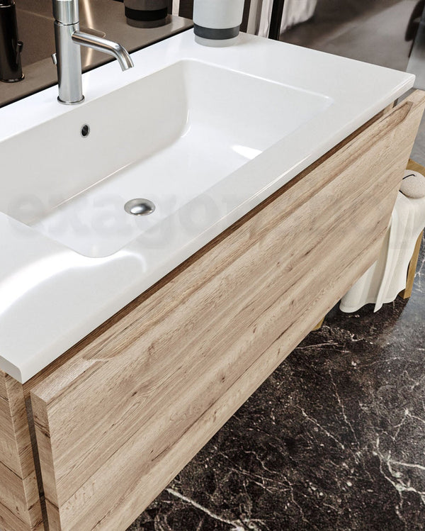 Mobile Bagno rovere 90x50 Amalfi Lavabo Mineralmarmo lucido, vista dall'alto del piano con lavabo - Exagonshop