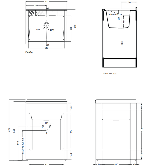 Colavene Lavacril mobile lavatoio 60x50 con serrandina a scomparsa laterale in abs metacrilato bianco