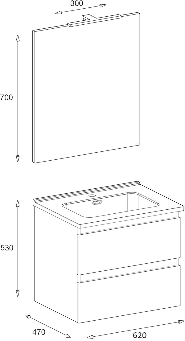 Mobile bagno 60x47 quercia Atene con lavabo e specchio con lampada