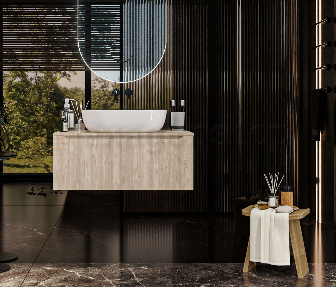 Mobile Bagno Teak 90x50 Amalfi Con Un Cassetto e Lavabo da appoggio in ceramica