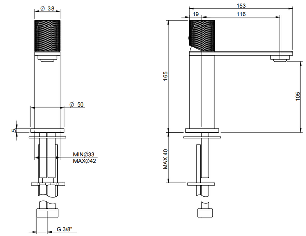 Treemme 3.6 IT9A11ISTZZZ miscelatore lavabo con maniglia zigrinata inox satinato
