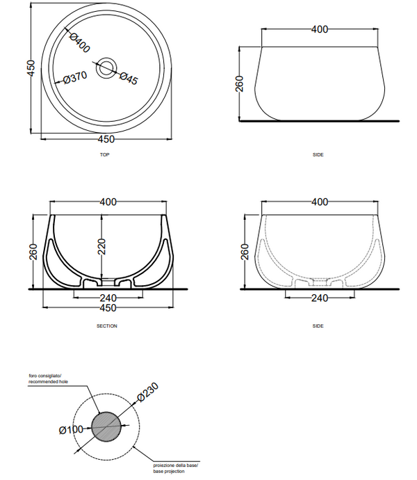 Cielo Tina bacinella 45 cm lavabo da appoggio senza troppopieno in ceramica bianco lucido