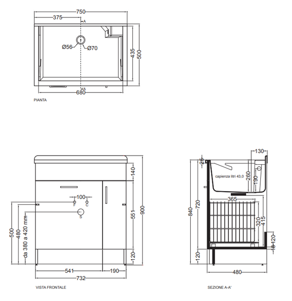 Colavene Lindo Max mobile lavatoio 75x50 con cesto portabiancheria tavola in legno e vasca in abs bianco