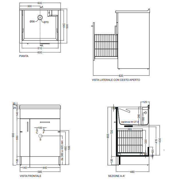 Colavene Jollywash mobile lavatoio 60x50 con cestello estraibile e tavola lavapanni double face bianco lucido