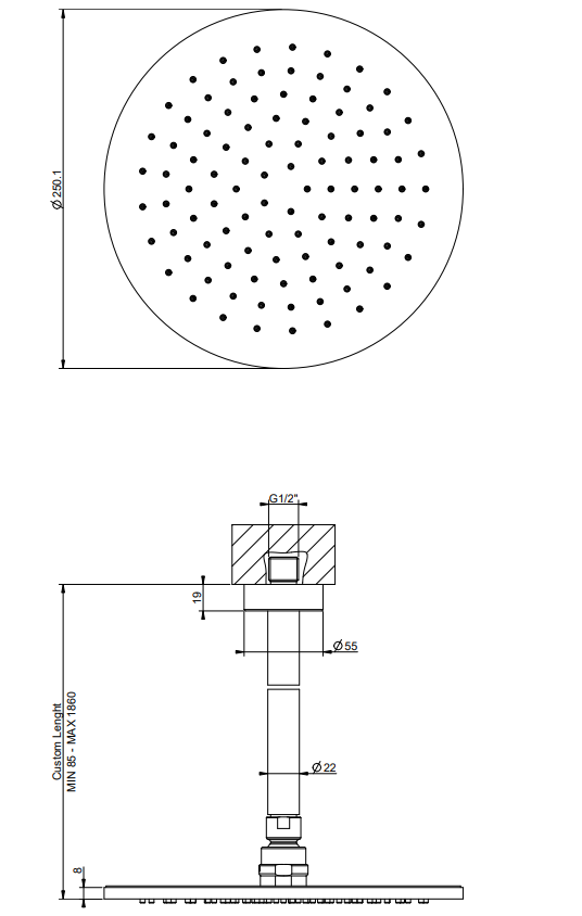 Gessi Anello 63350 Soffione doccia 25 cm tondo a soffitto braccio altezza personalizzabile