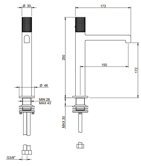 Treemme T30 Miscelatore monocomando lavabo 172mm con maniglia zigrinata cromo