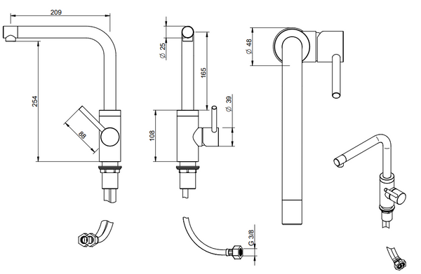 Treemme 40mm IT1334IS40ZZ miscelatore lavello cucina dritto in inox satinato