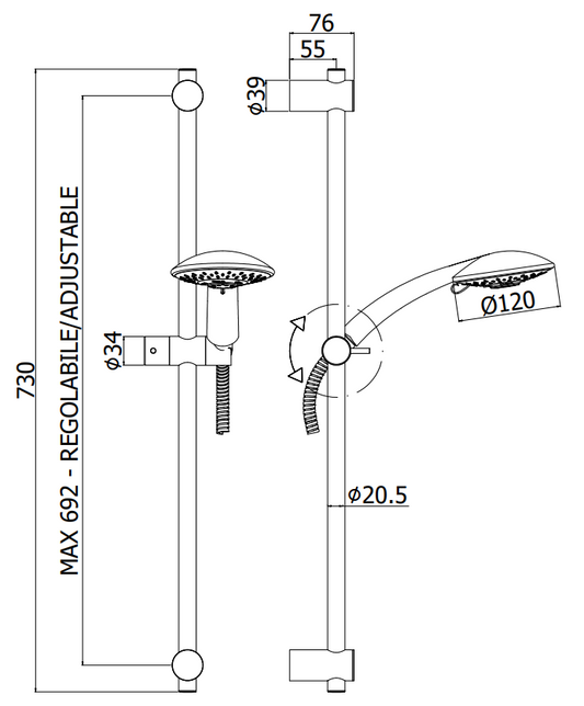 Paffoni Prestige Zsal118 asta doccia 73 cm con saliscendi e, dettaglio ravvicinato della finitura e del marchio