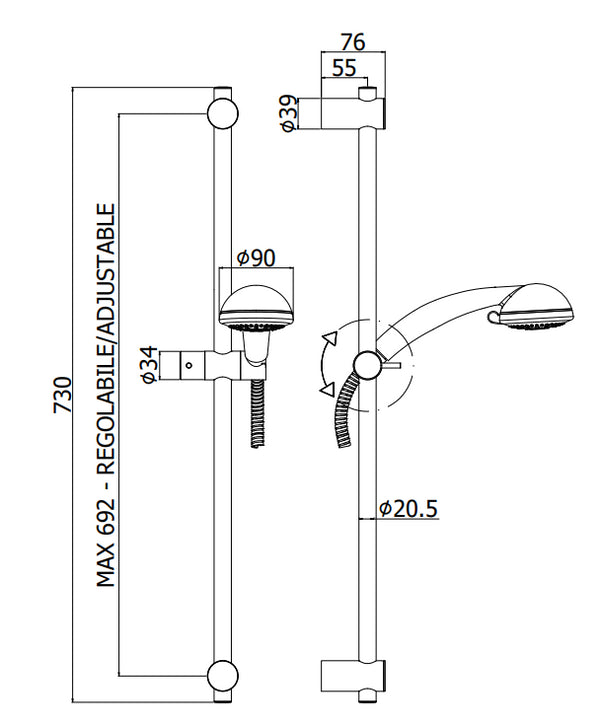 Paffoni Royal Zsal119 asta Doccia 73 Cm con doccetta supporto scorrevole e flessibile 150 cm Cromo