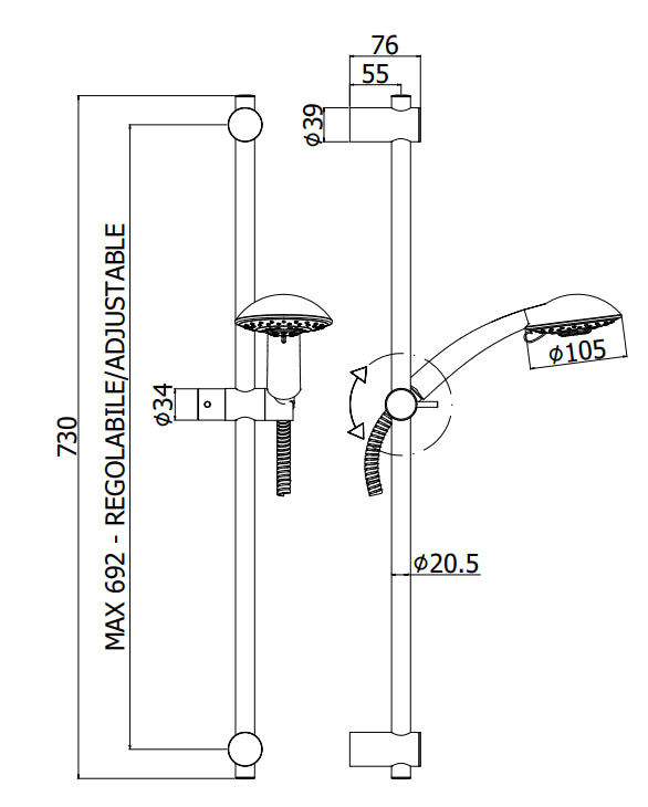 Paffoni Prince zsal120 asta doccia 73 cm con saliscendi doccetta e flessibile cromo