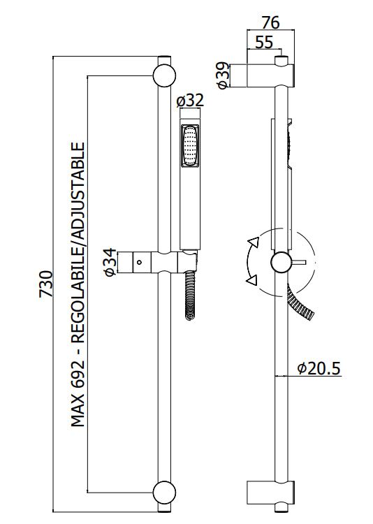 Paffoni Stick New Zsal150 asta doccia 73 cm con doccetta e interasse max 692 mm cromo