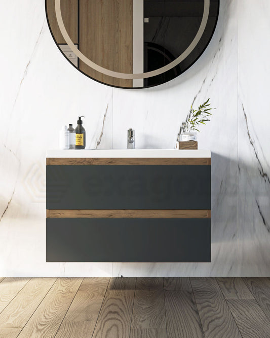 Mobile bagno 80x46 noce antracite Milo lavabo lucido ambientato in bagno moderno con specchio e accessori - Exagonshop
