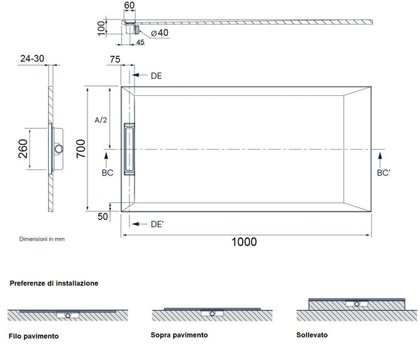 Sirio piatto doccia 70x100 ultrapiatto effetto pietra con piletta lineare alta portata e copripiletta in resina bianco
