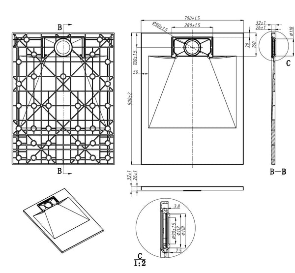 Piatto doccia 70x90 effetto pietra ardesia in smc bianco Trevi