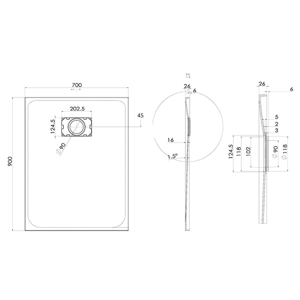 Quarzo piatto doccia 90x70 in smc effetto pietra ardesia grigio