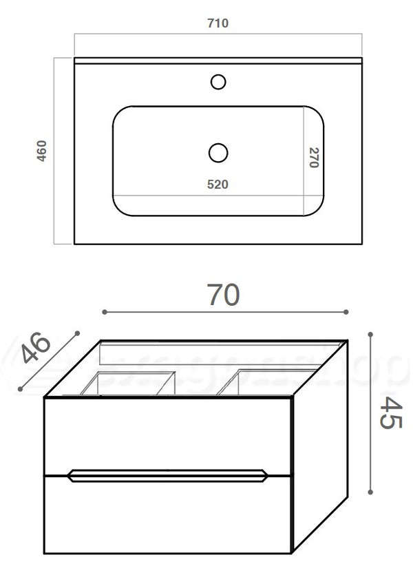 Mobile bagno teak 70x46 cannettato Urbino due cassetti con lavabo in ceramica