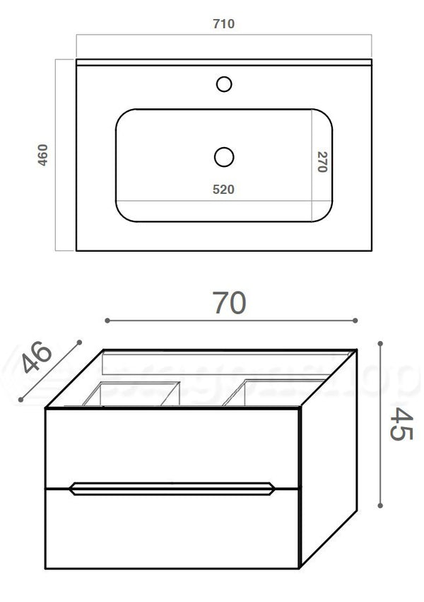 Mobile bagno tortora opaco 70x46 cannettato Urbino due cassetti con lavabo in ceramica