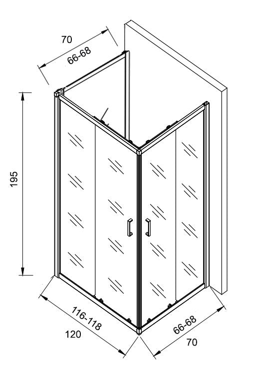Box doccia 3 lati 70x120x70 Genio due ante scorrevoli 6 mm H 195 cromo