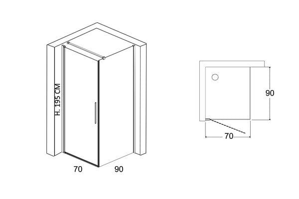 Box doccia 90x70 battente vetro temperato 6 mm 195 H cromo Linje