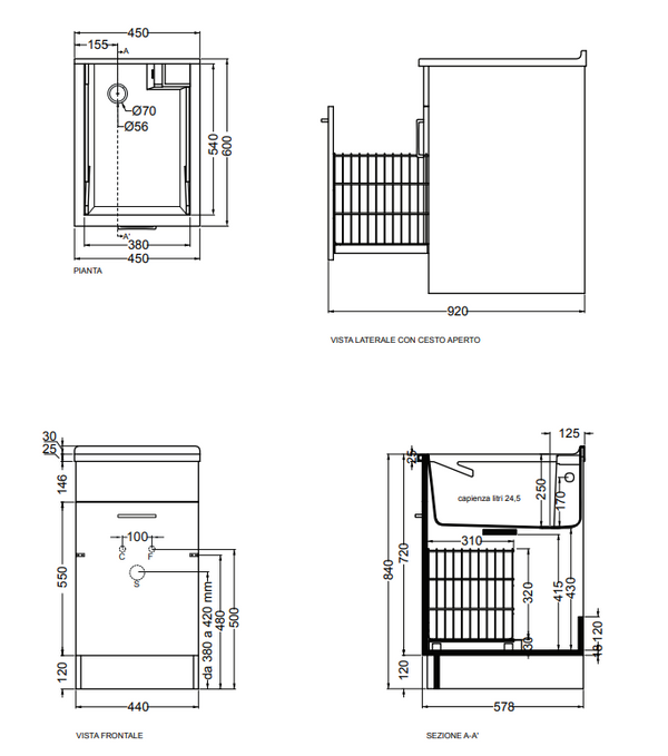Colavene Jollywash mobile lavatoio 45x60 con cestello estraibile asse strofinatoio double face bianco lucido