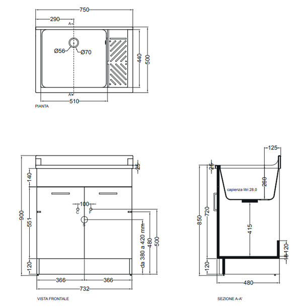 Colavene Lindo mobile lavatoio 75x50 H.86 con cesto portabiancheria e tavola lavapanni bianco