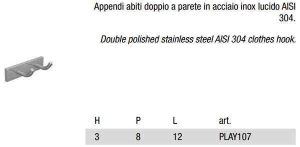 Antonio Lupi Play107 Appendiabiti Doppio A Parete in acciaio Inox Lucido