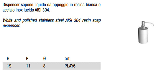 Dispenser sapone liquido da appoggio in resina bianca e acciaio inox lucido AISI 304 Antonio Lupi Play6