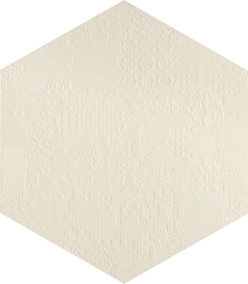 Mutina Dechiner Decor Piastrella Esagonale Rettificato Relief Spazzolato Cm 60x60 In Gres Porcellanato Bianco