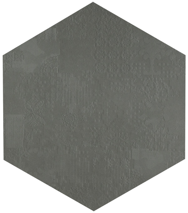 Mutina Dechiner Decor Piastrella Esagonale Rettificato Relief Spazzolato Cm 60x60 In Gres Porcellanato Piombo