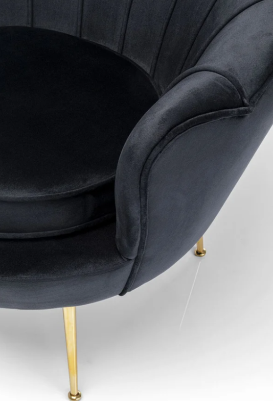 Water Lily Poltrona design Glamour con gambe in acciaio dorato e tessuto imbottito nero