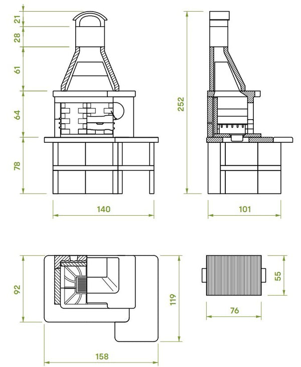 Palazzetti Tropea 4 barbecue a legna con braciere laterale con piano in Marmotech effetto granito grigio