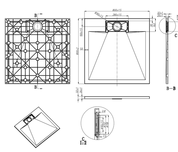Piatto doccia 80x80 effetto pietra ardesia bianco in smc con piletta e copripiletta Trevi
