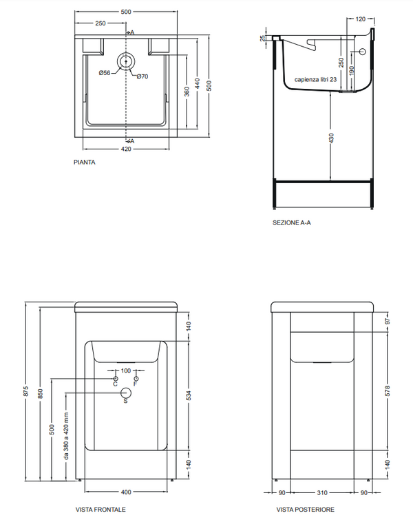 Colavene Lavacril mobile lavatoio 50x50 con serrandina a scomparsa laterale in abs metacrilato bianco