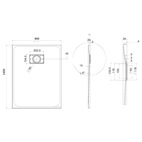 Quarzo piatto doccia 140x80 in smc effetto pietra ardesia nero