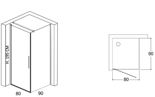 Box doccia 90x80 battente vetro temperato 6 mm 195 H cromo Cromo Lucido installato in bagno moderno con ante in vetro...