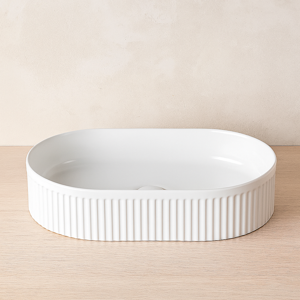 Lavabo 50x32 Roma cannettato ovale da appoggio bianco lucido