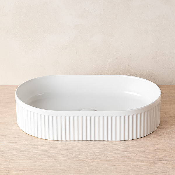Lavabo 50x32 Roma cannettato ovale da appoggio bianco lucido