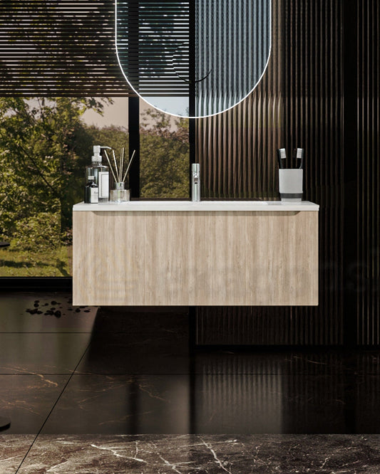 Mobile Bagno Teak 90x50 Amalfi Lavabo Mineralmarmo lucido ambientato in bagno moderno con specchio e accessori - Exagonshop