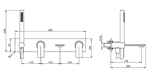 Treemme 3.6 RWIT9AD7IS03 miscelatore vasca a muro con bocca e doccetta con maniglia a leva senza parte incasso inox satinato