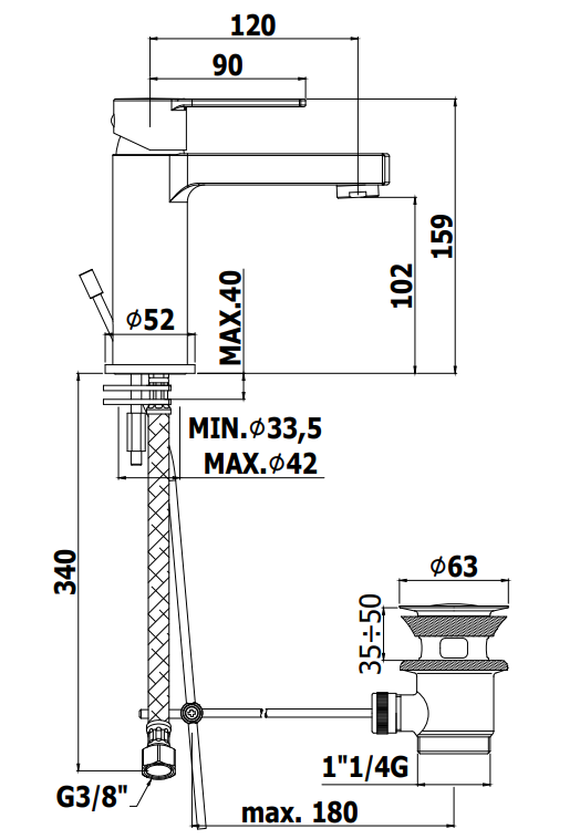 Paffoni Ringo Rin075 Miscelatore lavabo con Scarico, vista laterale del profilo e della forma