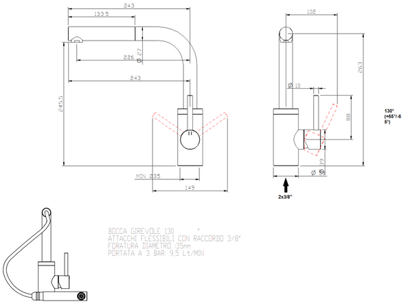 Treemme 40mm IT1343IS40ZZ miscelatore da cucina con bocca estraibile girevole inox satinato