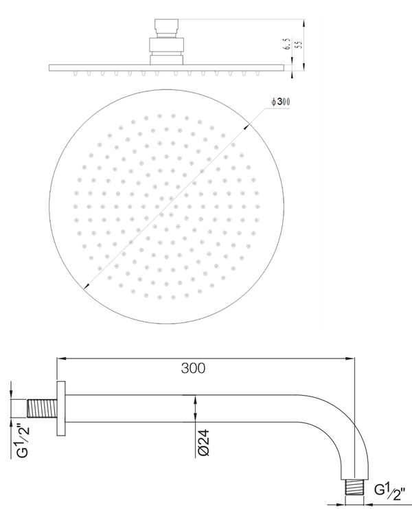 Soffione doccia tondo 30 cm sp. 6,5 mm con braccio 30 cm in acciaio cromo lucido Smart