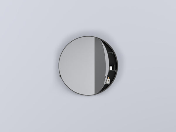 Cielo I Catini Round Box Specchio contenitore 90 cm tondo Con ripiani in vetro e Scocca Laccata in legno cemento