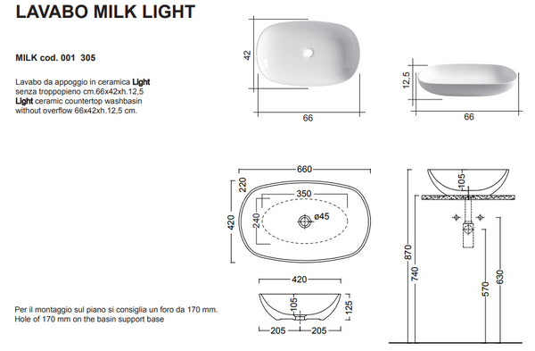 Milk Light Lavabo da Appoggio 66x42 Bianco Lucido