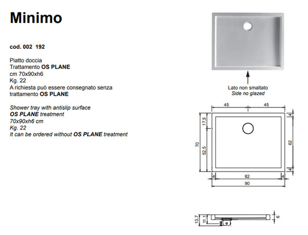 Minimo Piatto Doccia Antiscivolo 70x90 Bianco Lucido