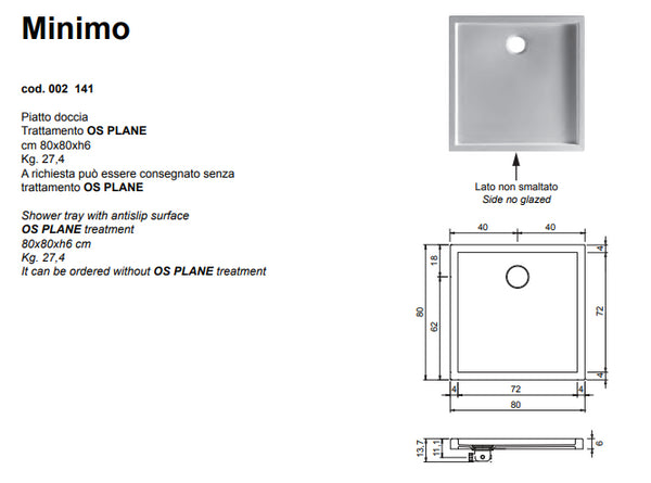 Minimo Piatto Doccia Antiscivolo 80x80 Nero