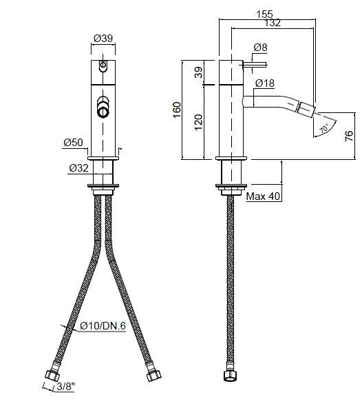 Disegno tecnico con quote di Antonio Lupi Ayati Miscelatore Bidet Acciaio inox Satinato - Antonio Lupi Design