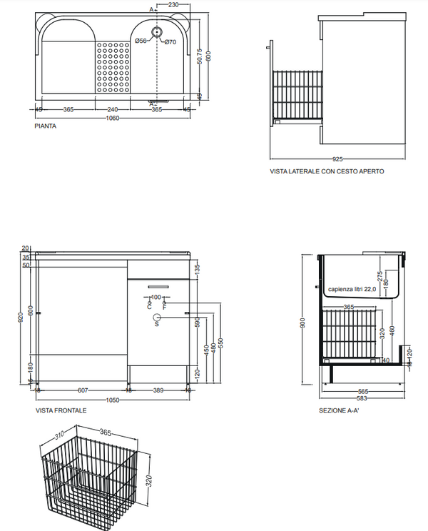Colavene Duo mobile lavatoio 106x60 coprilavatrice con vasca destra e cesto portabiancheria bianco lucido