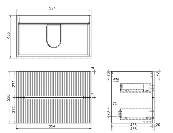 Mobile bagno grigio 100x46 cannettato Urbino 2.0 con lavabo in resina e due cassetti